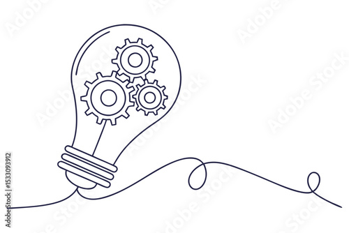 Gears Inside Light Bulb Line Drawing Innovation