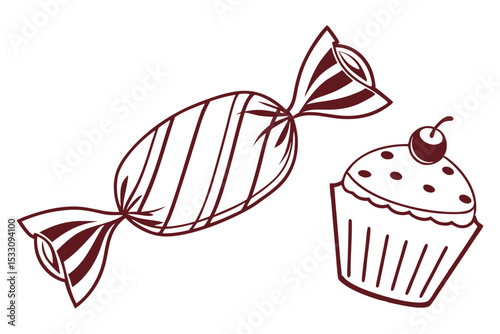 Candy and Muffin Cake Line Drawing Illustration