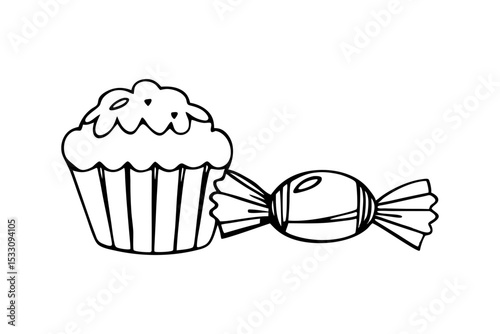 Candy and Muffin Line Drawing Dessert Illustration