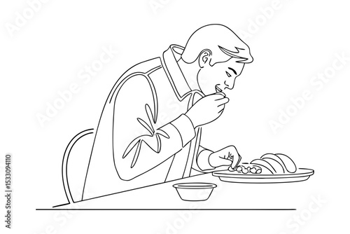 Man Eating Food at Table Line Art Drawing