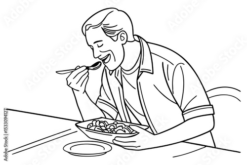 Casual Dining Scene Man Eating Line Sketch