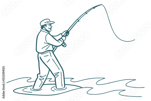 Man Fishing Scene in Simple Line Art