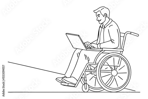 Working on Laptop in Wheelchair Line Drawing