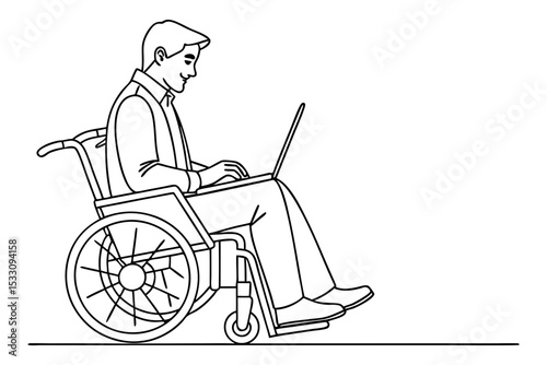 Man in Wheelchair Using Laptop Line Art