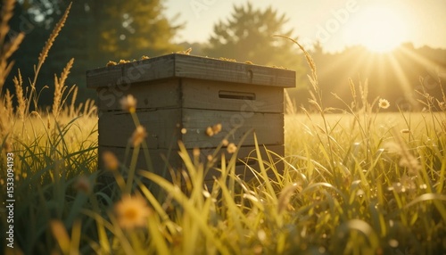 Sunlit Wooden beehive In Meadow