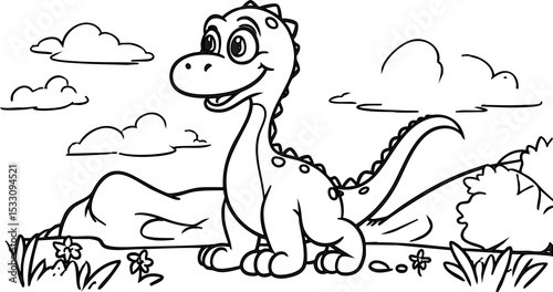 A coloring page for kids, featuring a cute baby dinosaur in a simple landscape.