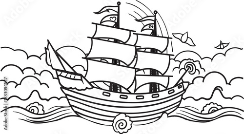 A line art illustration of a sailing ship at sea, designed as a coloring page.