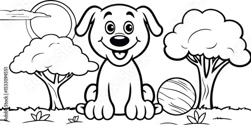 A kids' coloring page featuring a happy cartoon dog in a park with his ball.