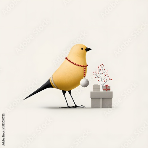 Cute holiday bird with bauble and red berry decor