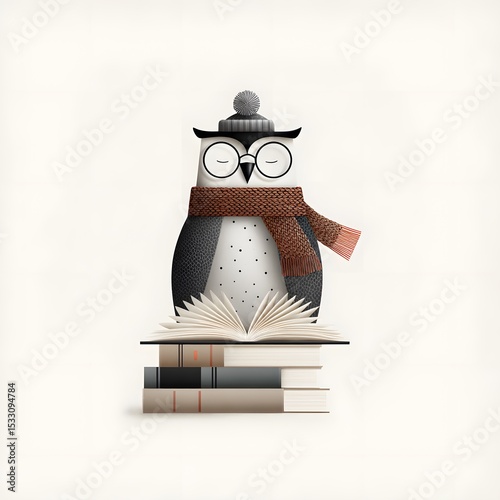 Christmas owl professor sitting on stack of books in scarf and winter hat, reading or napping, cute animal in minimalist holiday style