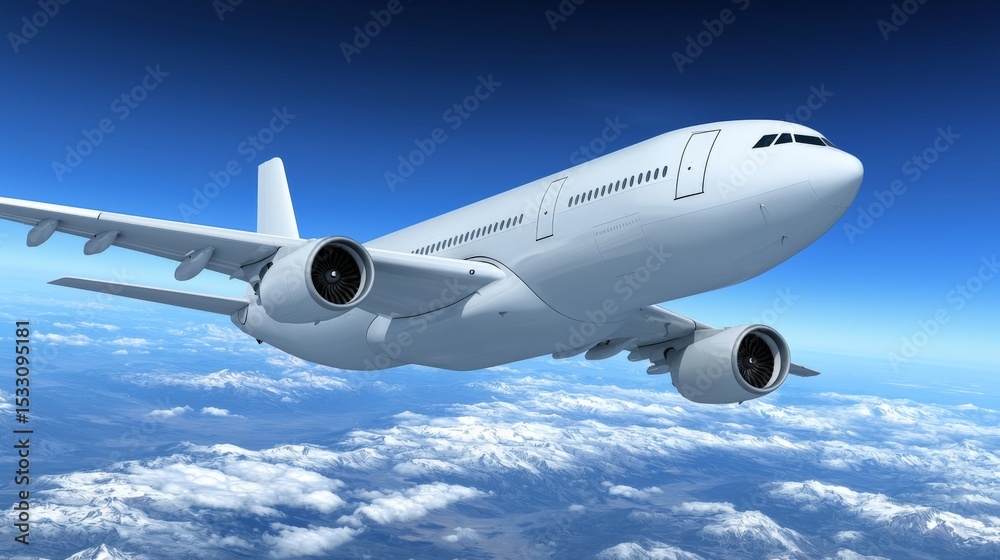 Obraz premium Modern commercial airplane flying high above the clouds in clear blue sky