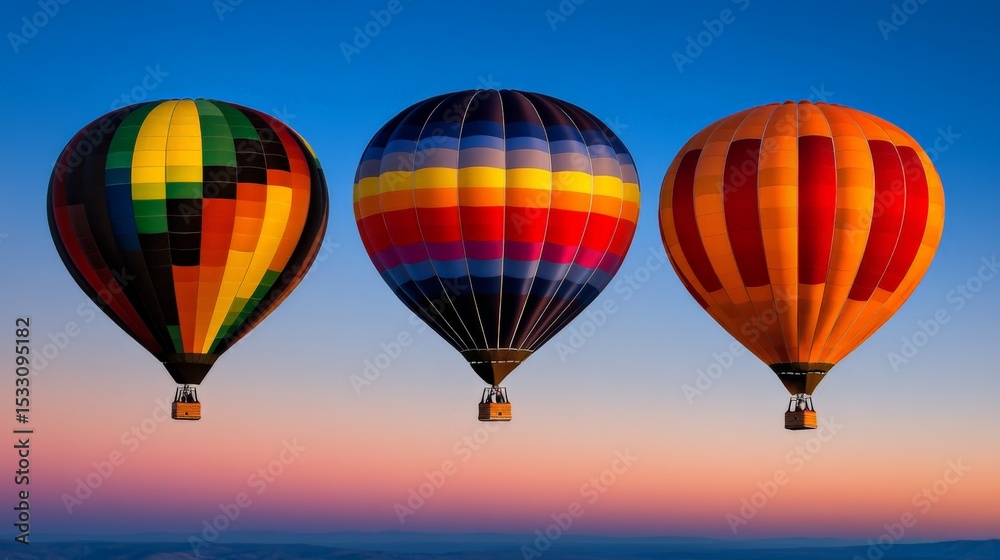 Fototapeta premium Three colorful hot air balloons float against a vibrant sunset sky