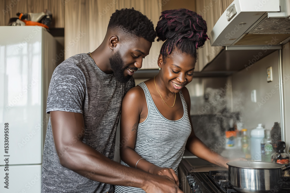 Obraz premium Couple cooking together in a cozy kitchen during a cheerful weekend morning