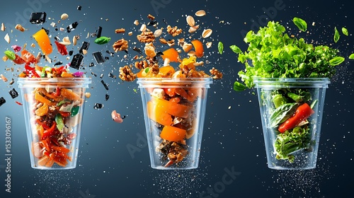 Trash sorting infographics showing clear separation of food waste, plastic, glass, and electronics