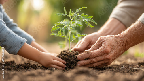 A man and a child together planting a tomato seedling in a backyard garden bed. Concept of gardening and farming.