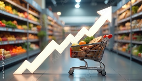 Shopping cart filled groceries with upward arrow indicating rising food inflation. Supermarket, grocery store shelves in background, economic challenges impacting grocery prices. Food expense concept.