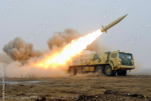 Missile launch from mobile platform in military exercise during early morning hours in a training area