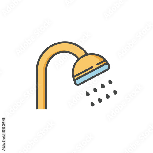 Outline of a shower head with water drops on white background, minimalistic design.