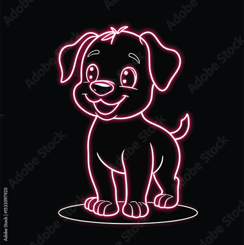 Cute Neon Puppy Dog Icon Glowing on Black Background