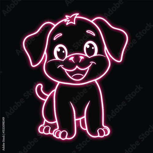 Cute Neon Puppy Dog Icon Glowing on Black Background