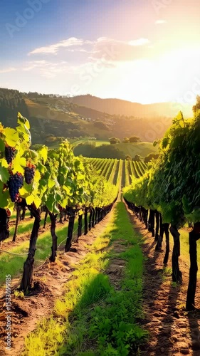 Scenic vineyard landscape at golden hour with rows of grape vines and rolling hills, picturesque rural scene, wine production.