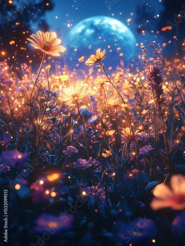 A whimsical CG movie-style image of a vibrant flower field at night, illuminated by glowing fireflies and a large, ethereal blue moon in the background.