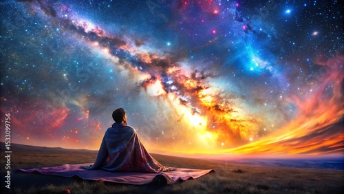 Contemplative Figure Gazing at a Vibrant Milky Way Galaxy in the Night Sky