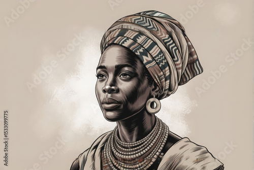Detailed art portrait of an African woman with patterned headscarf, large earrings and layered jewelry.