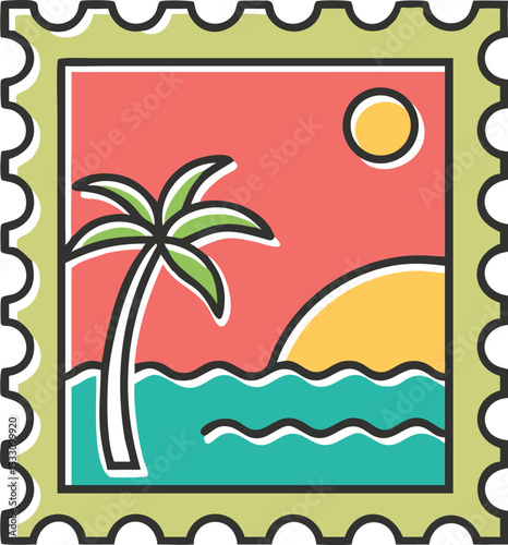 Summer Vibes Postage Stamp – Minimal Beach, Palm Tree, and Retro California Illustration 1