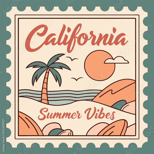 Summer Vibes Postage Stamp – Minimal Beach, Palm Tree, and Retro California Illustration 1
