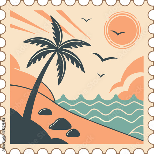 Summer Vibes Postage Stamp – Minimal Beach, Palm Tree, and Retro California Illustration 1