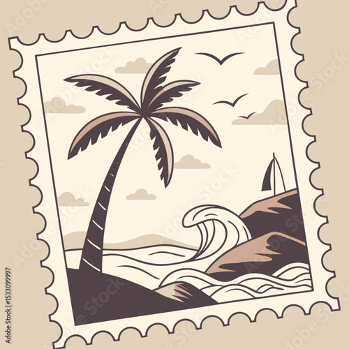 Summer Vibes Postage Stamp – Minimal Beach, Palm Tree, and Retro California Illustration 1