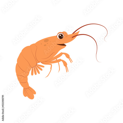 Cute shrimp with big eyes and smiling face. Funny marine animal illustration perfect for kids, seafood packaging, and educational materials.