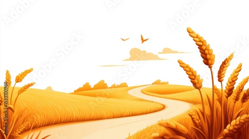 Golden wheat field with winding country road