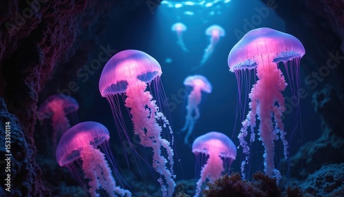 Glowing bioluminescent jellyfish swim in dark underwater cave. Marine creatures emit vibrant purple, pink light. Deep sea water, coral reef in fantasy ocean environment. Magical, mysterious aquatic photo