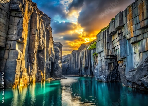 Dramatic Basalt Columns of Studlagil Canyon with Turquoise River at Sunset