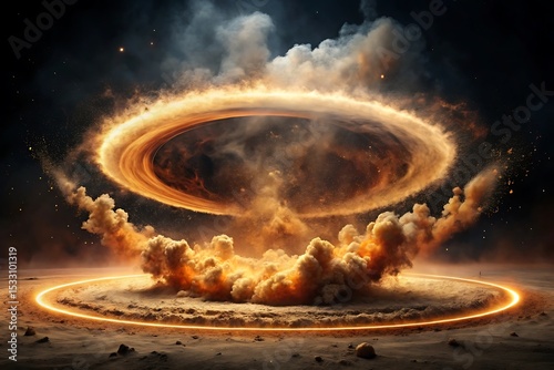 Dramatic cosmic event with swirling nebula and glowing ring on a desolate landscape