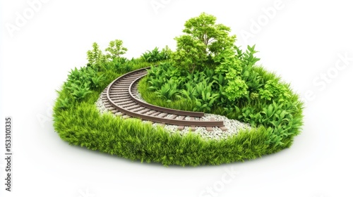 Green railway track surrounded by lush vegetation