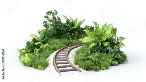 Curving railroad tracks through lush green foliage