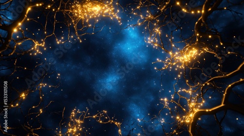 Glowing branches frame cosmic nebula background