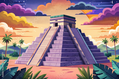 Chichen Itza Mayan pyramid in Yucatán, Mexico, with ancient stone steps, jungle surroundings, clear sky, and archaeological heritage theme