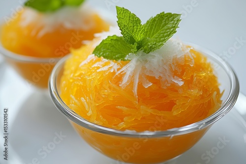 Saffron and rosewater faloodeh served with shaved ice and mint garnish in a clear bowl on a white background