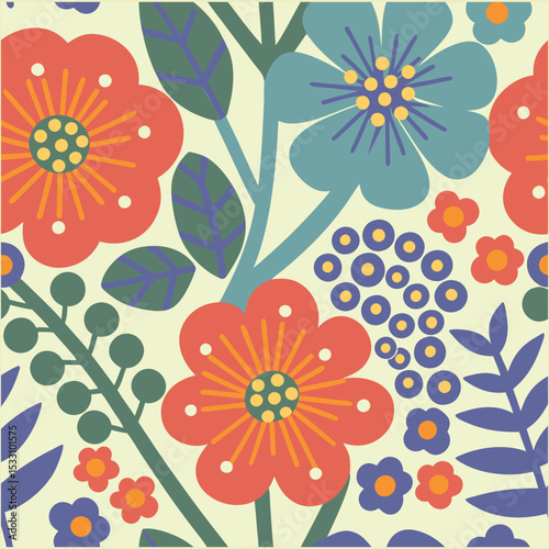 Vibrant and playful floral pattern design featuring stylized flowers and leaves on a light background