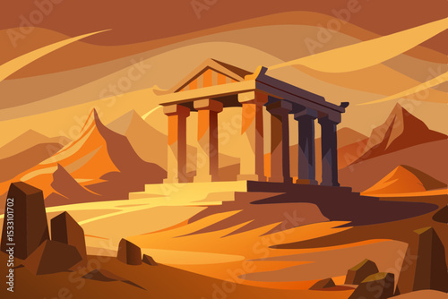 Abandoned Temple Buried in Sand with Sunset Glow