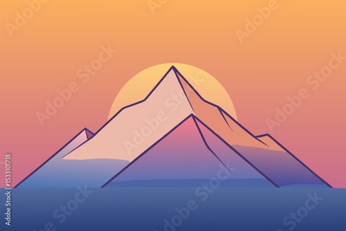 Mountain Peak Line Art with Sunrise Gradient