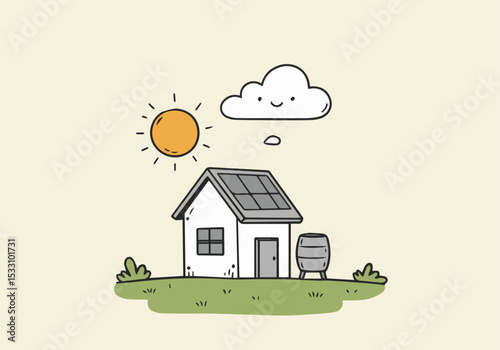Hand-Drawn Sustainable Eco House Illustration with Solar Panel and Rain Barrel
