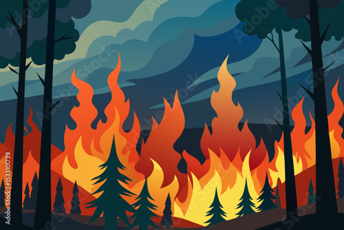 Dense Forest Burning Under Fiery Sky