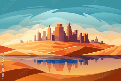 Shimmering Mirage City in Desert Heat Vector
