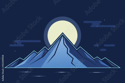 Foggy Mountain with Glowing Moon Line Drawing