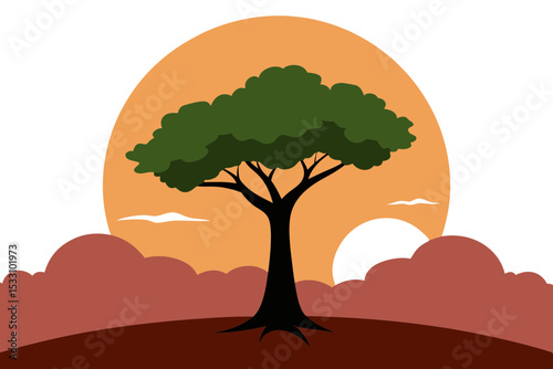 Lone Oak Tree in Sunset over Vast Plain Vector